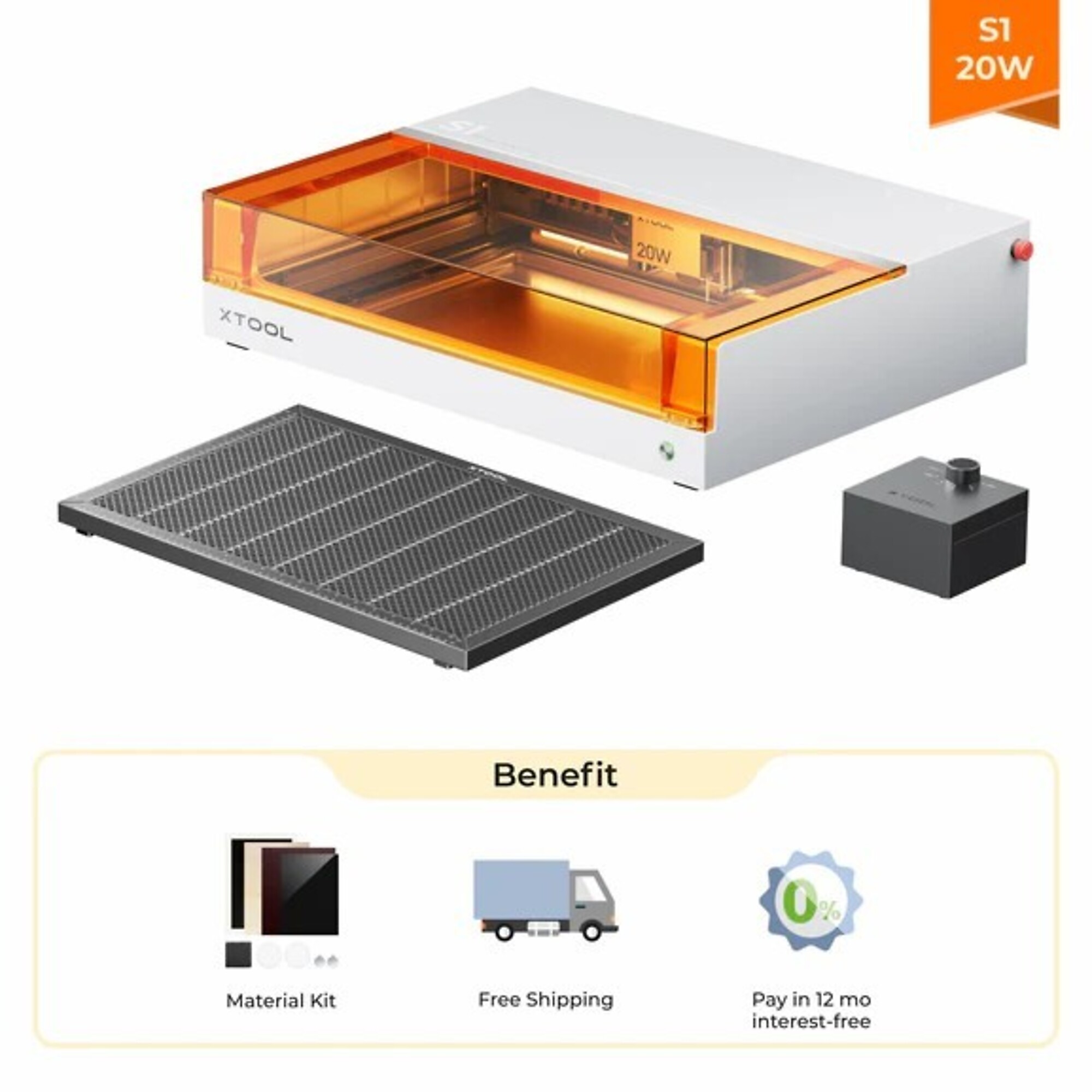 xTool, Laser Cutter and Engraver, 20w, 600mm/s,, Working Width 25.98 in, Working Length 44.09 in, Laser Power 20 W, Model# xTool S1 20W Basic-White